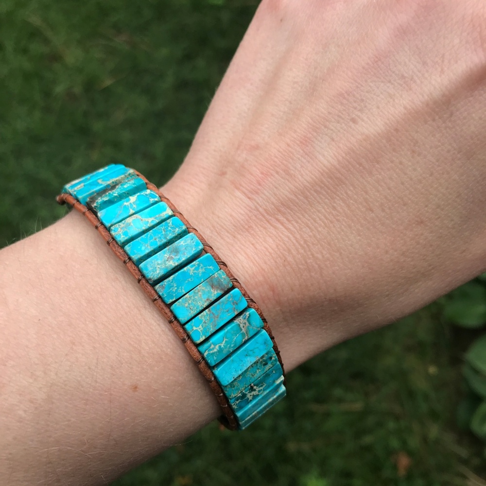 Blue Imperial Jasper Bracelet Boho Genuine Leather - Picture 2 of 8